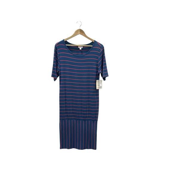 Women’s Lularoe Julia Blue And Red Striped Short Sleeve Dress Size L - NWT - Picture 1 of 4